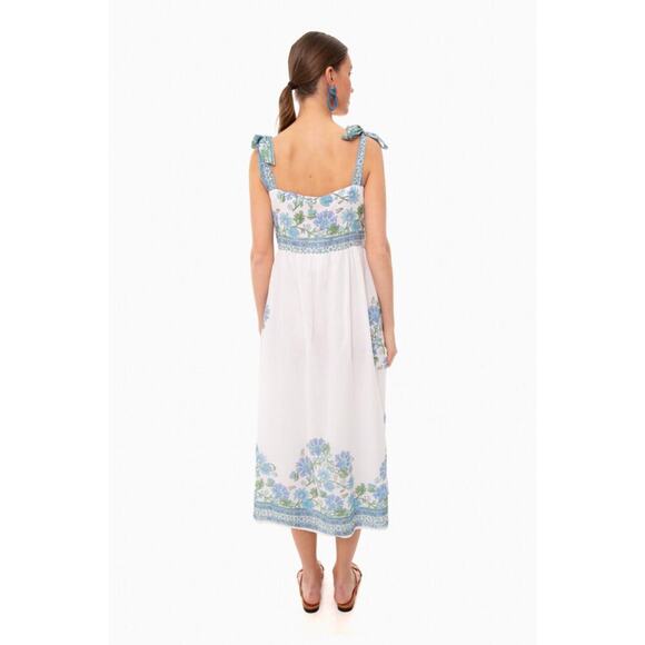 Juliet Dunn Tuckernuck Blue Rose Border Tie Shoulder Midi Button Cotton Dress - Picture 5 of 16